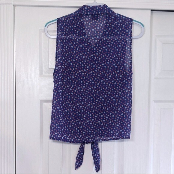 Timing Sheer Shirt Juniors L Large Button Down Sleeveless Blue Retro Floral Top - Picture 5 of 10